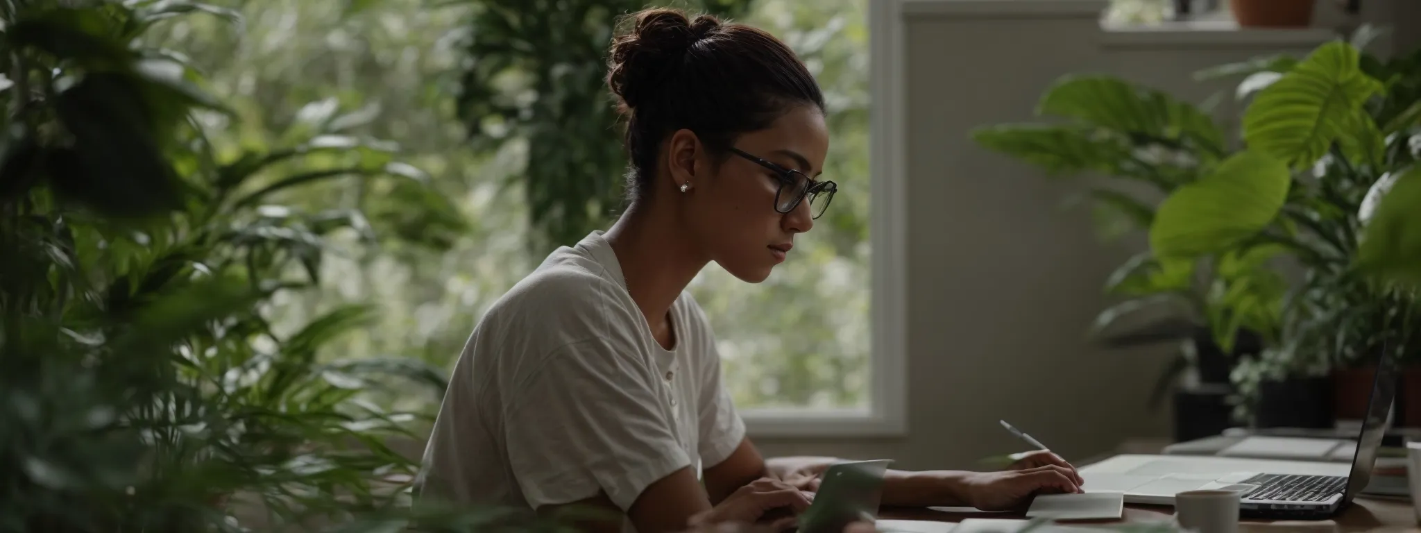 a focused individual types on a laptop amidst a serene setting, surrounded by notepads and a plant, symbolizing the focused crafting of seo-friendly content.