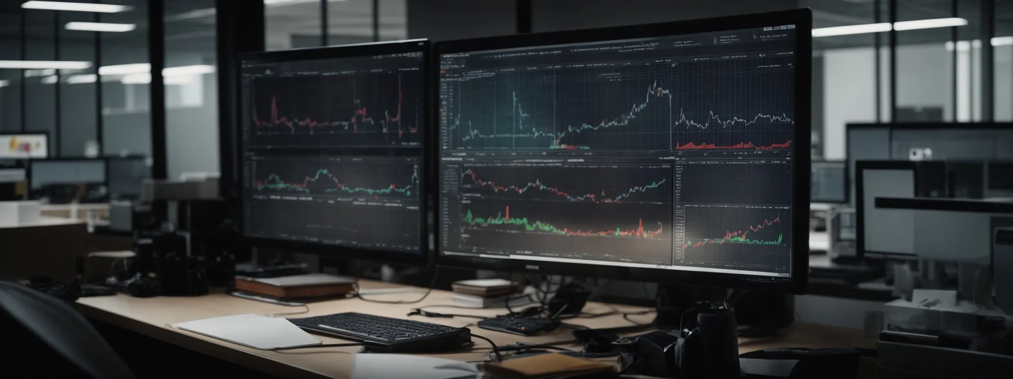 a marketer intensely scrutinizes data charts and graphs on a computer screen in a modern office.