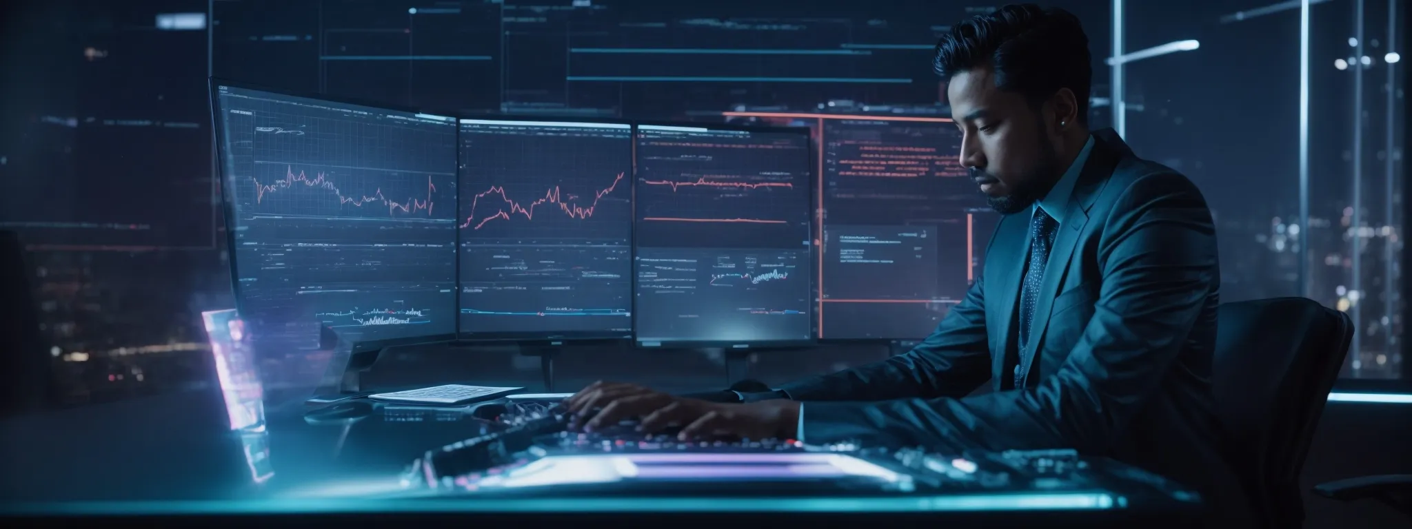 a person sitting at a sleek, modern desk interface with futuristic holographic displays showing graphs and keyword analytics.
