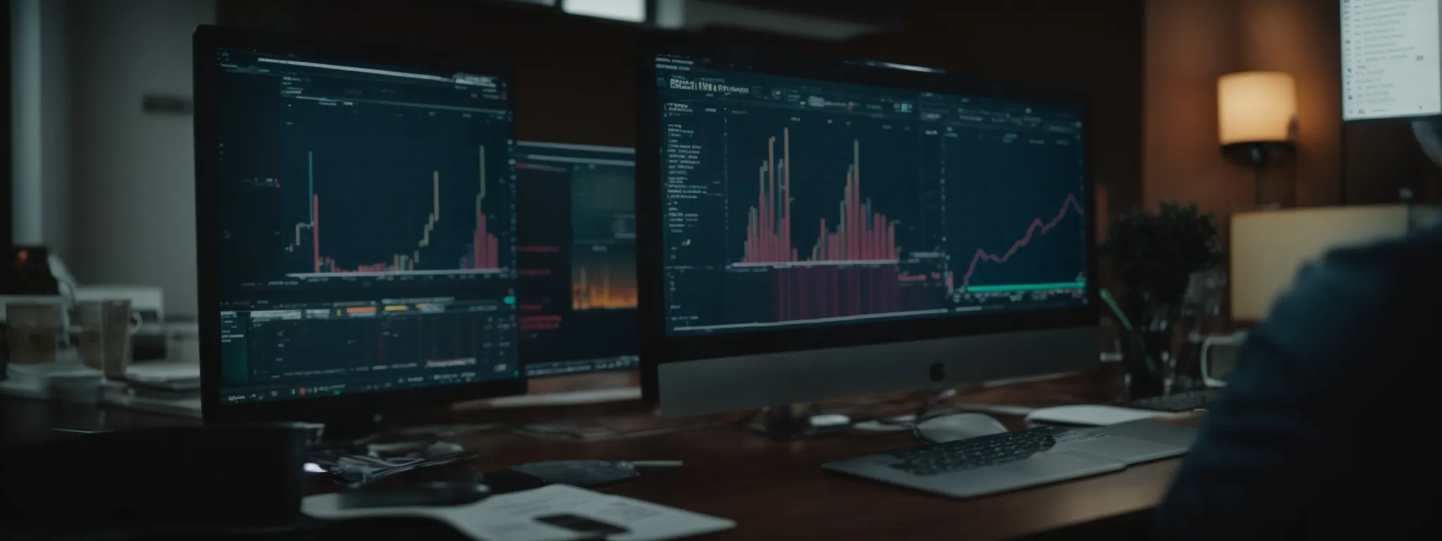 a marketer reviews a colorful graph on a computer screen, illustrating keyword trends and website traffic analysis.