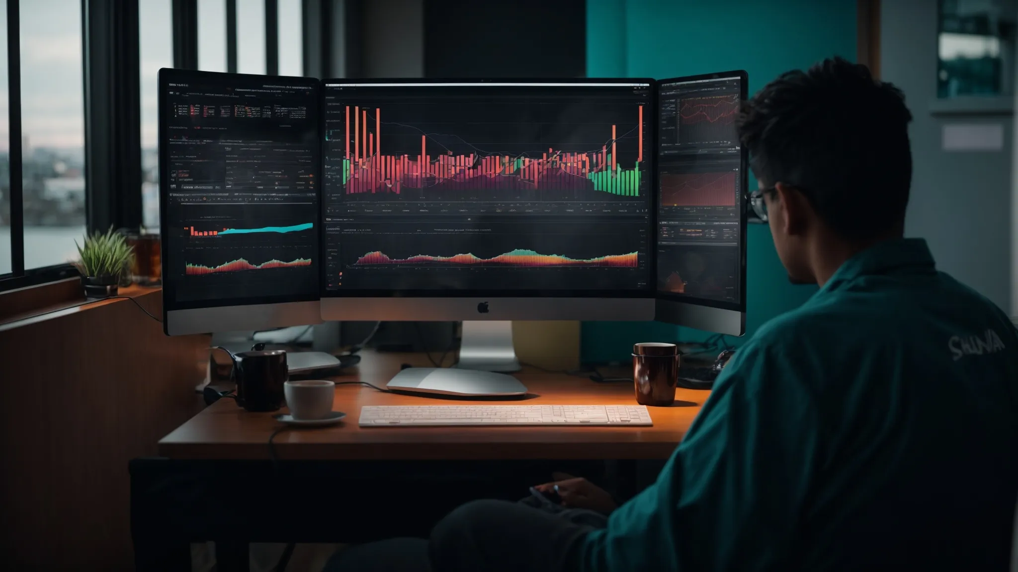 a person sitting at a computer, analyzing colorful graphs and charts on keyword performance.