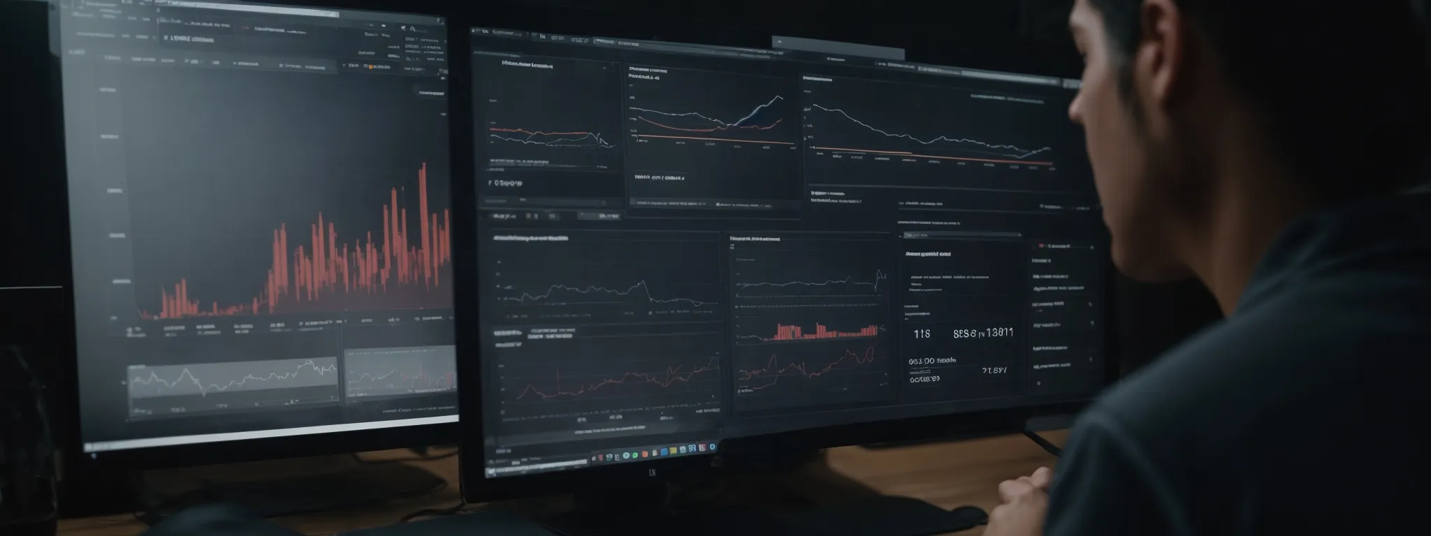 a person scrutinizes charts on a computer screen displaying search volume trends and competitive data analysis for keywords.