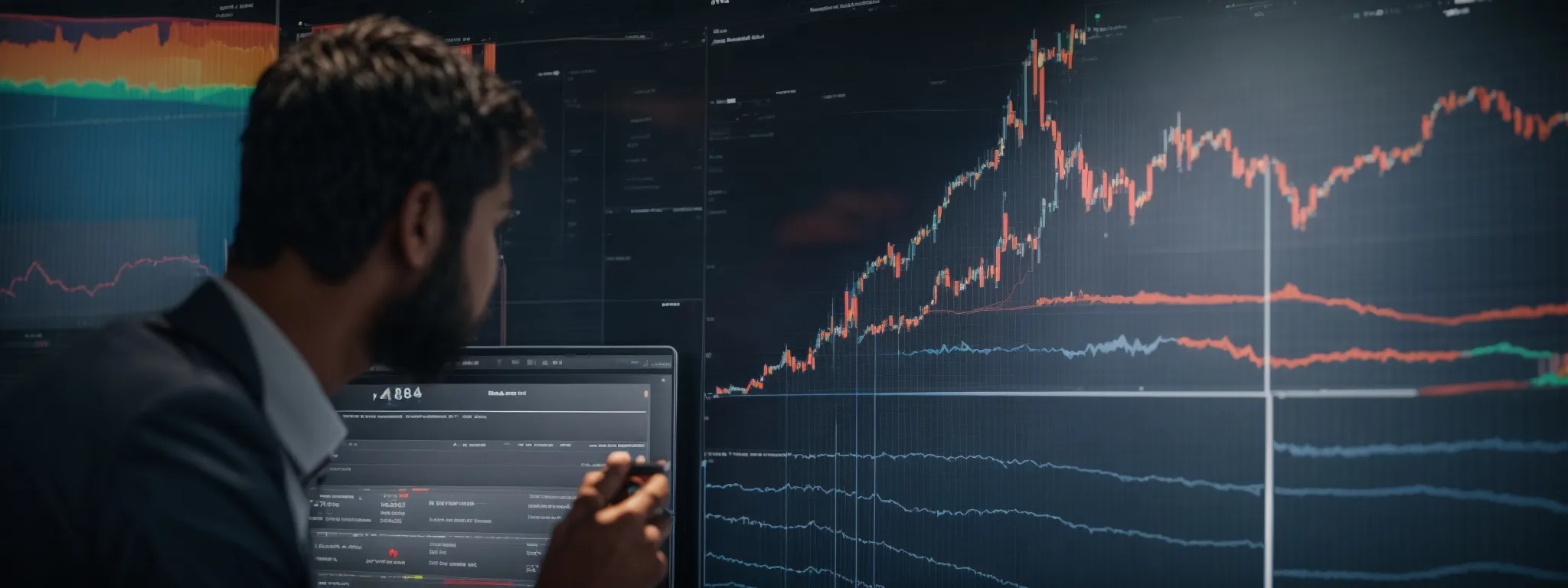 a digital marketer gazes at a large, vibrant display of graphs and keyword analytics, reflecting the powerful insights provided by searchatlas.