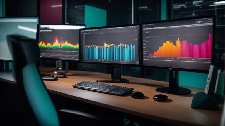a computer screen displays colorful graphs and keyword lists on an seo analyst's desk within a modern office environment.