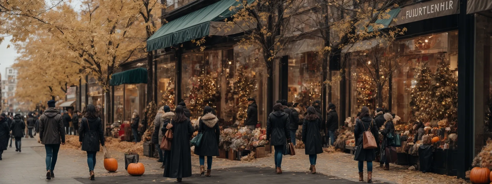 a bustling shopping street transitioning from autumn to winter, as holiday decorations begin to appear in store windows.