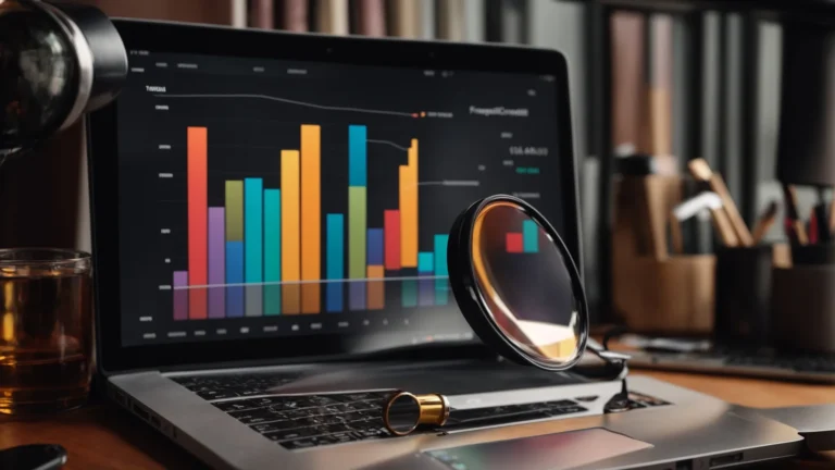 a laptop displaying colorful graphs and a magnifying glass lying next to it on a desk.