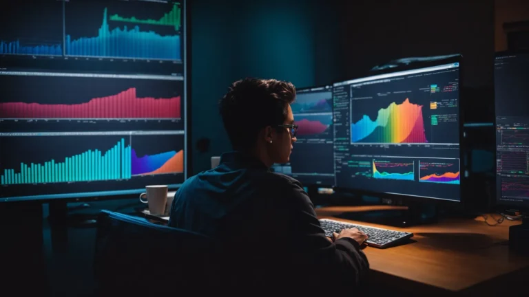 a person sitting in front of a computer, analyzing colorful graphs and charts depicting keyword trends.