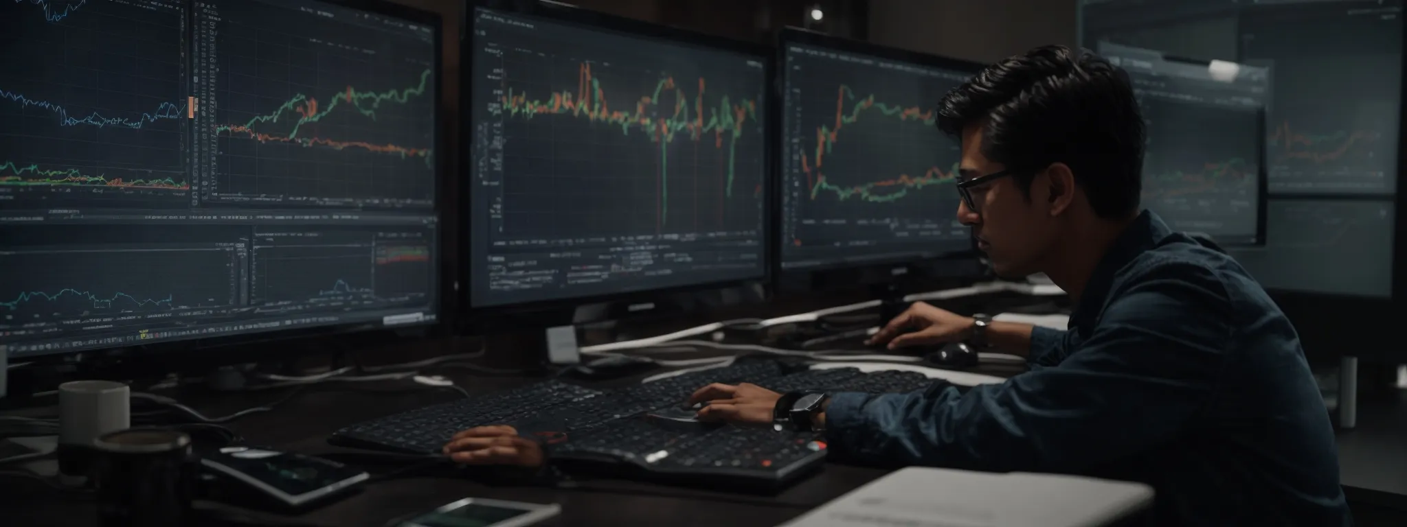a digital marketer analyzes seo data on a computer screen showing a graphical representation of keyword trends and performance metrics.