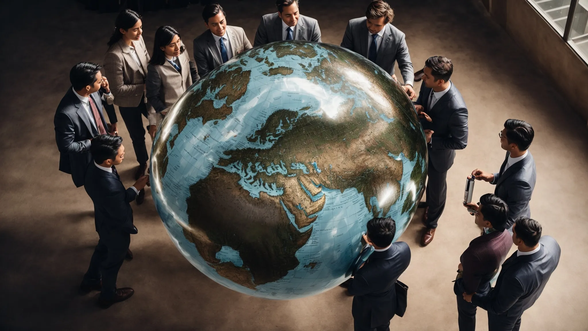 a group of marketers gathered around a globe, pointing at different countries with a magnifying glass in hand.