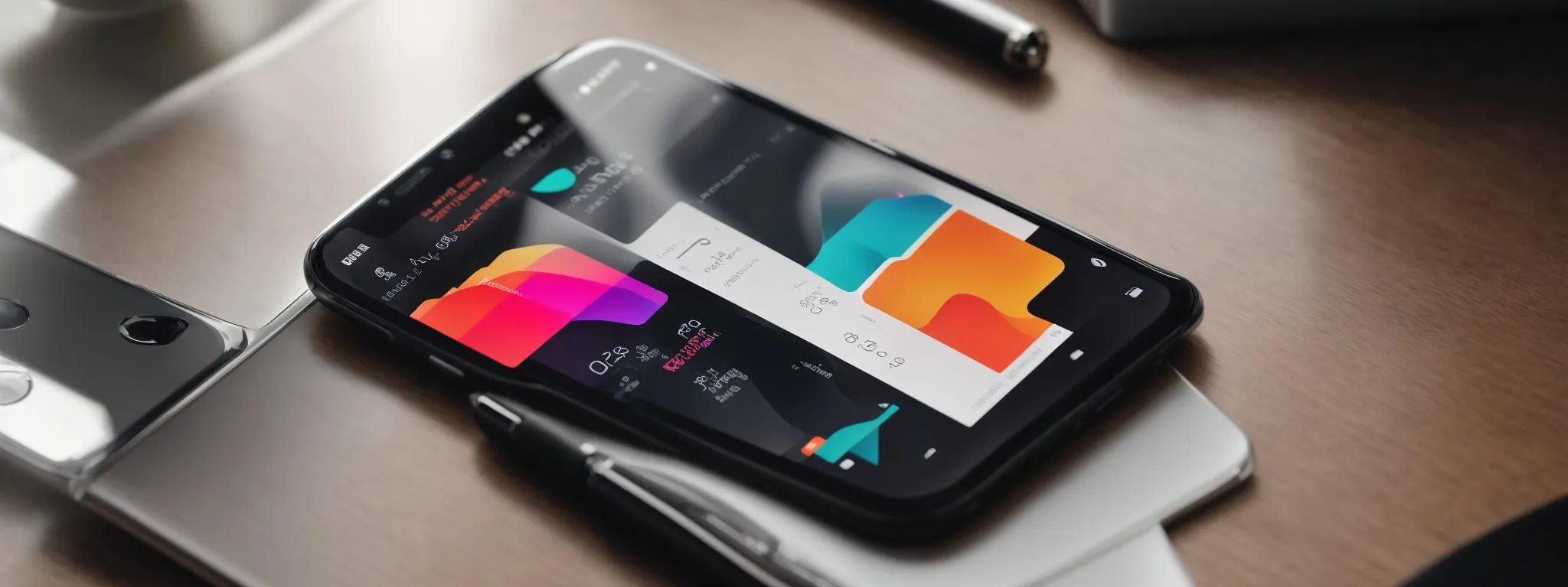 a smartphone displaying vibrant graphs and marketing metrics on its screen while resting on a sleek, modern desk.