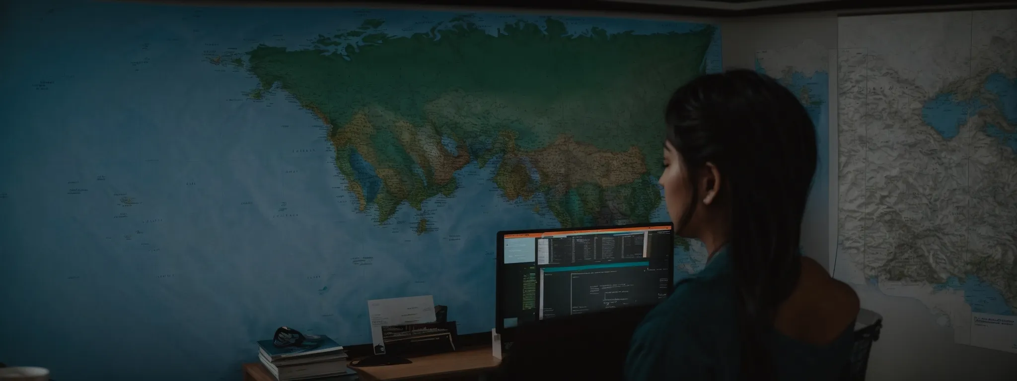 a person sitting before a computer with a world map displayed on the screen, symbolizing global digital marketing strategies.