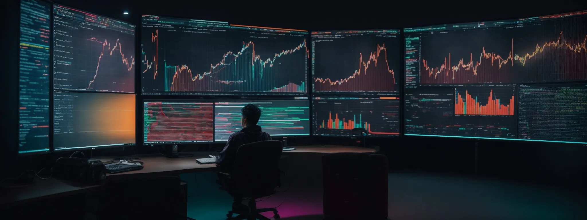 a person sitting before a large monitor displaying colorful data visualizations related to seo and keyword performance trends.