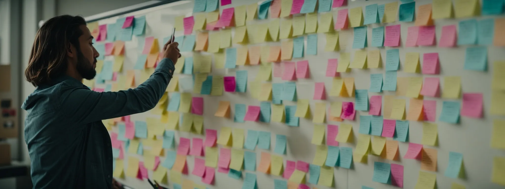 a marketer analyzes a spread of colorful sticky notes on a whiteboard, strategizing seo keyword targets.