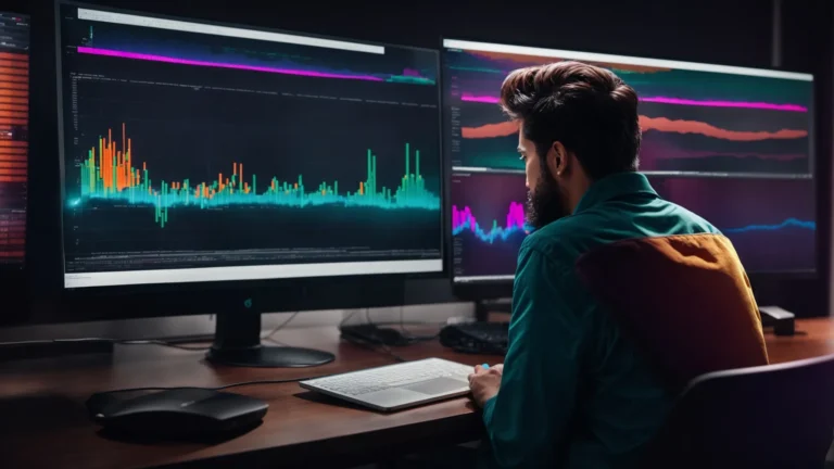 a content creator intently analyzing a colorful seo keyword trend graph on a large desktop monitor in a modern office environment.