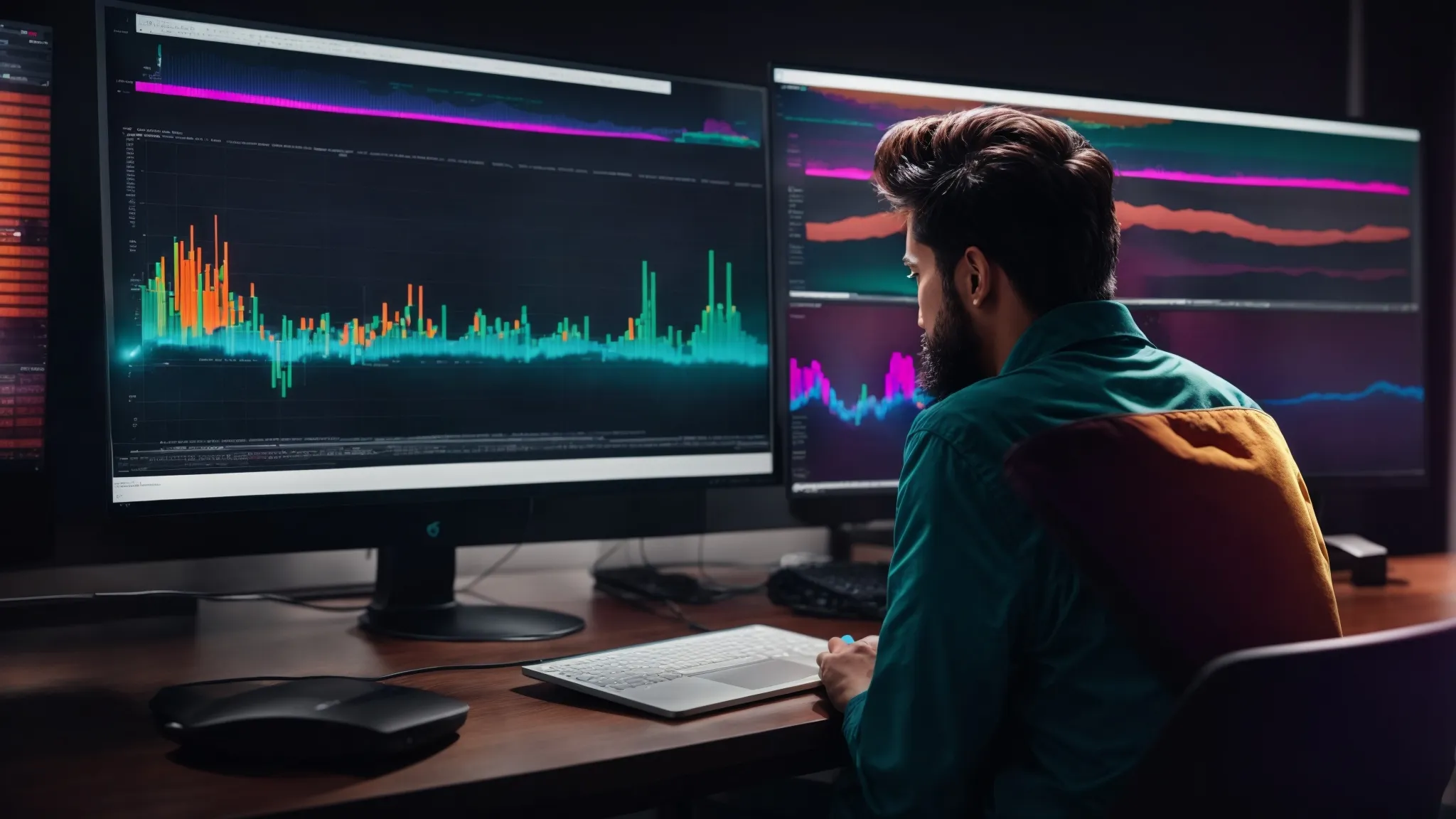 a content creator intently analyzing a colorful seo keyword trend graph on a large desktop monitor in a modern office environment.