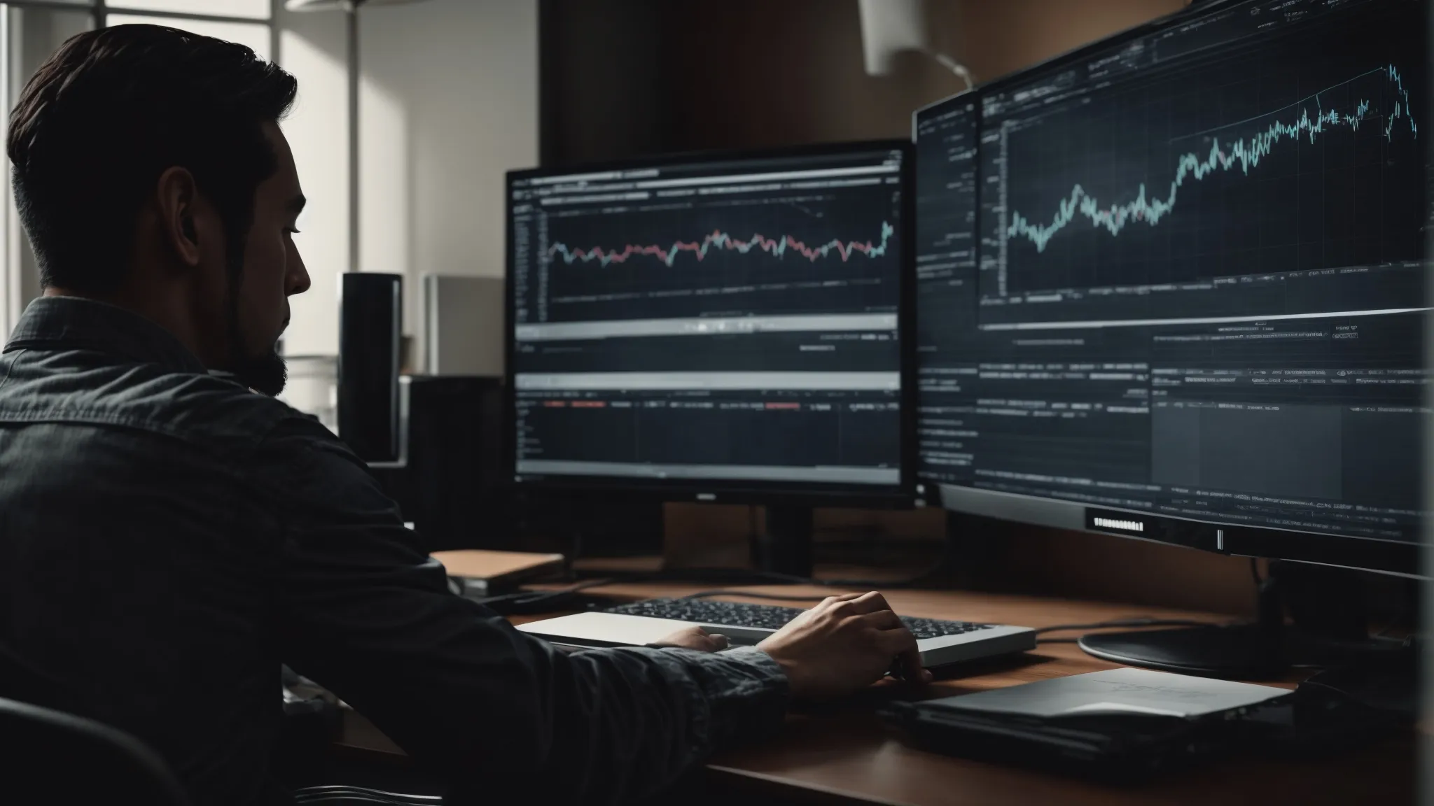 a person sitting at a desk in front of a computer, analyzing data on a screen with charts and graphs related to search engine rankings.