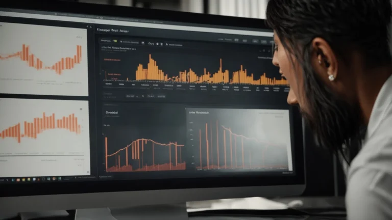 a marketer analyzes a graph on a computer screen, illustrating search volume trends for different keywords.
