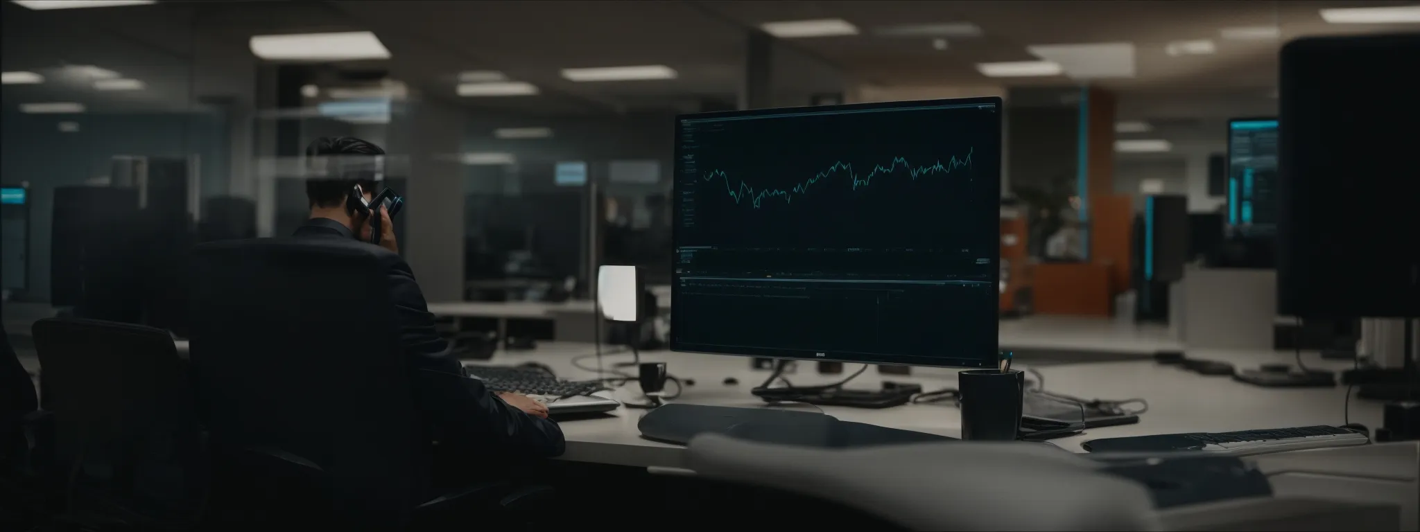 a professional marketer analyzing data on a computer screen in a modern office setting.