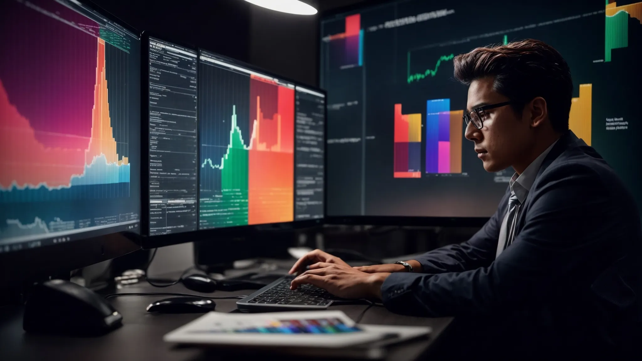 a focused individual analyzing colorful graphs and charts on a computer screen to optimize an online advertising campaign.