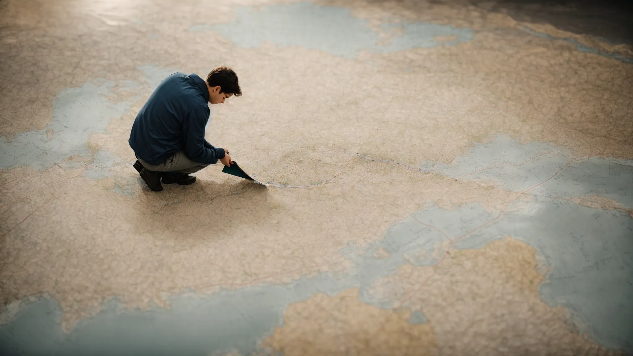 a person examining a dense map with various intersecting paths and marked zones, symbolizing strategic exploration.