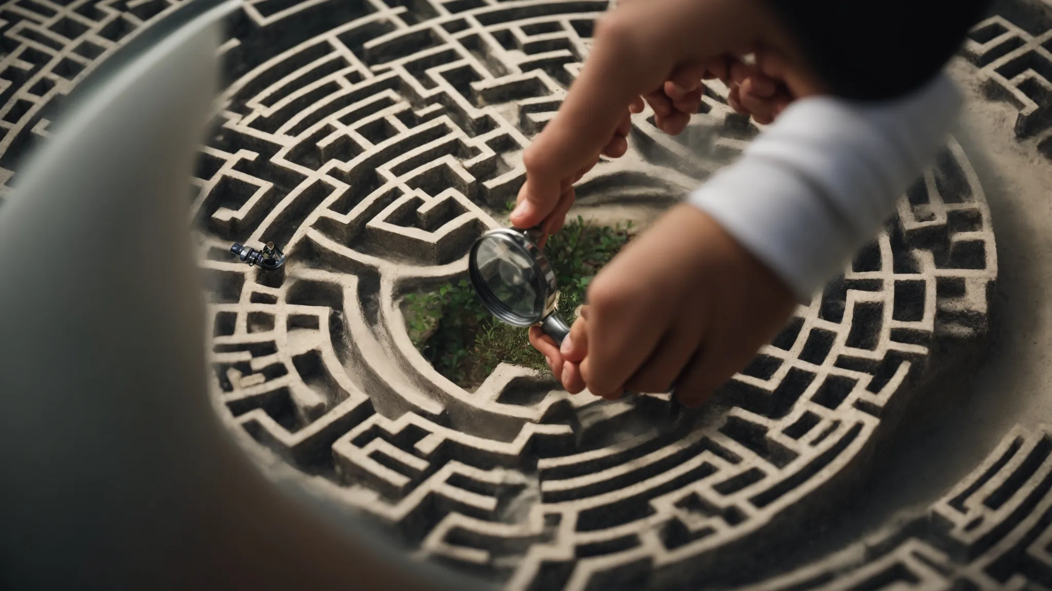 a person with a magnifying glass analyzing a maze that represents the complexity of seo strategies.