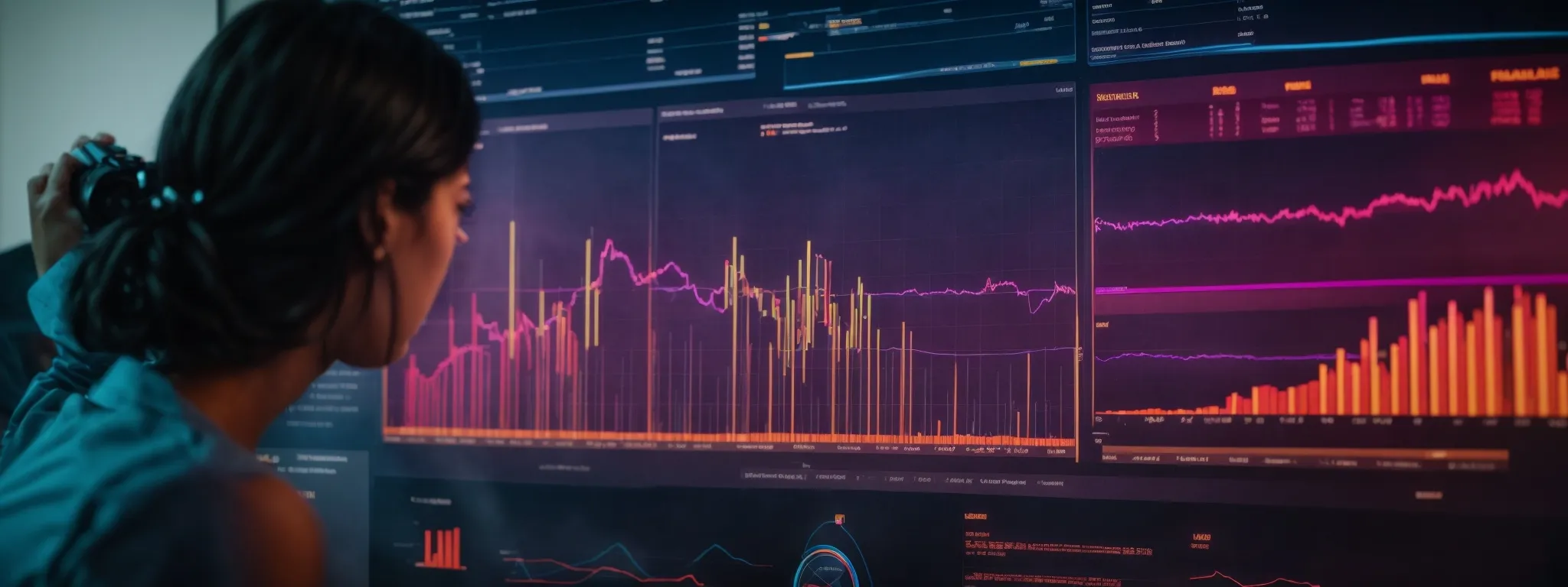 a marketer analyzes a vibrant data dashboard highlighting keyword trends and seo metrics.