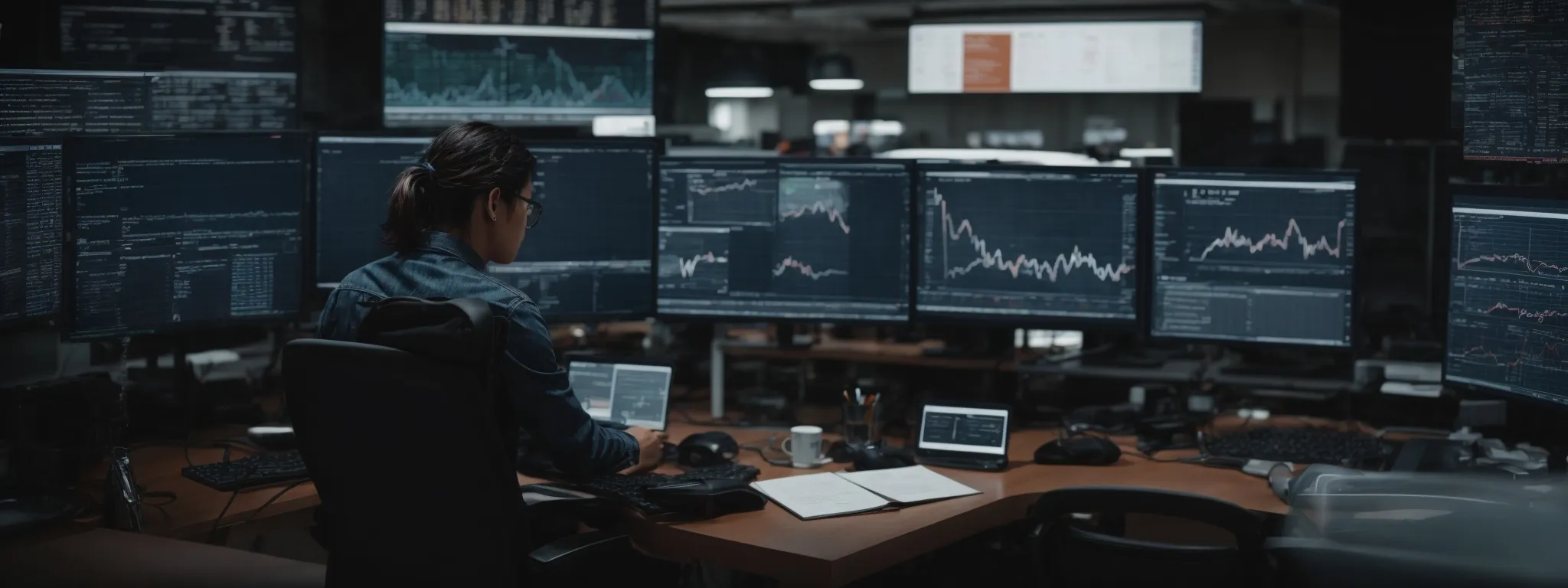 a person sits at a modern workspace, engulfed in research on a computer screen displaying seo analytics and trend graphs.