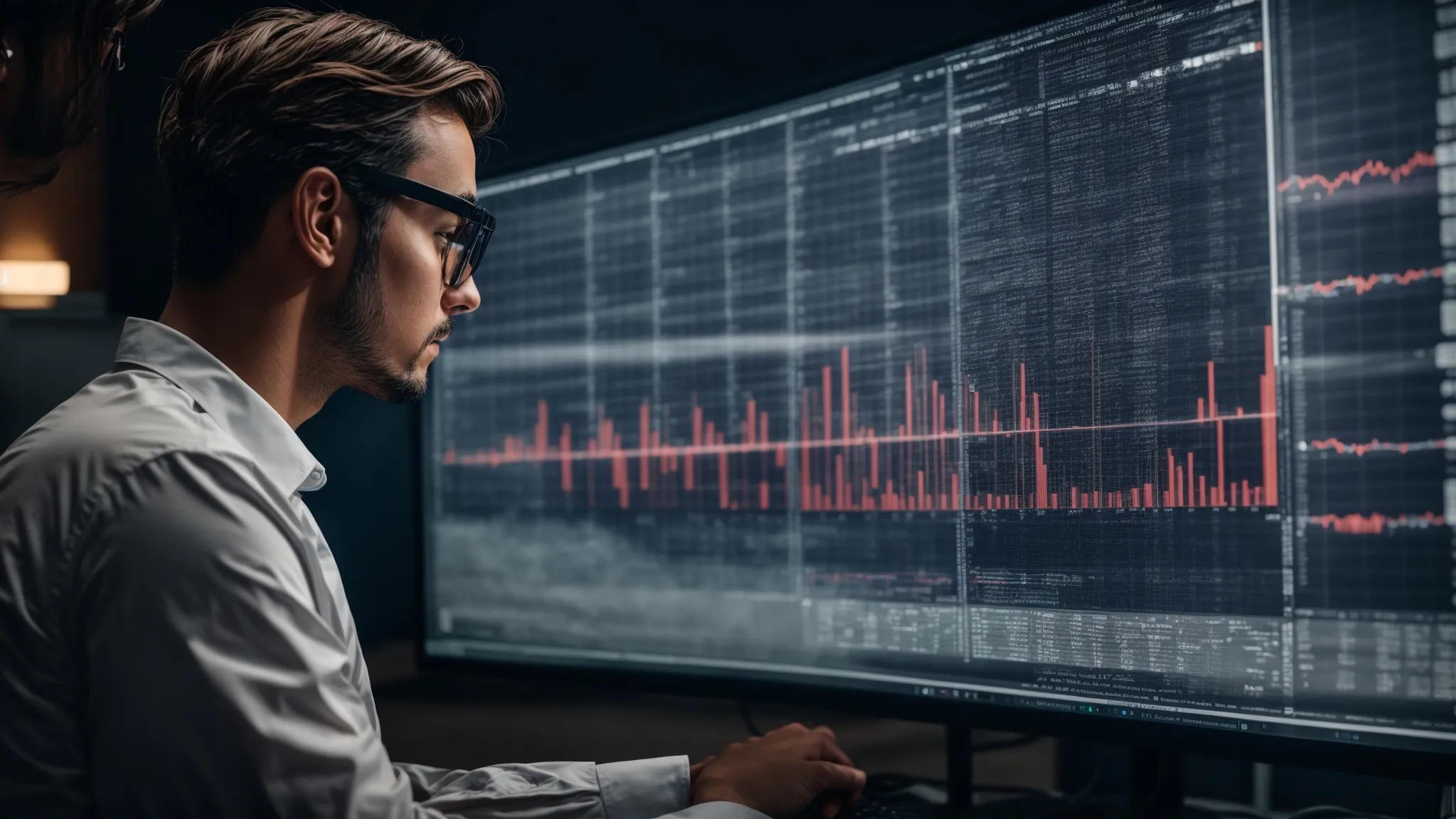 a focused individual intently studies data trends on a large monitor, revealing hidden patterns in a sea of analytics.