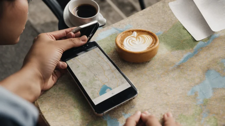 a person using a map on a smartphone to plan a marketing campaign while sitting at an outdoor café in a bustling city.