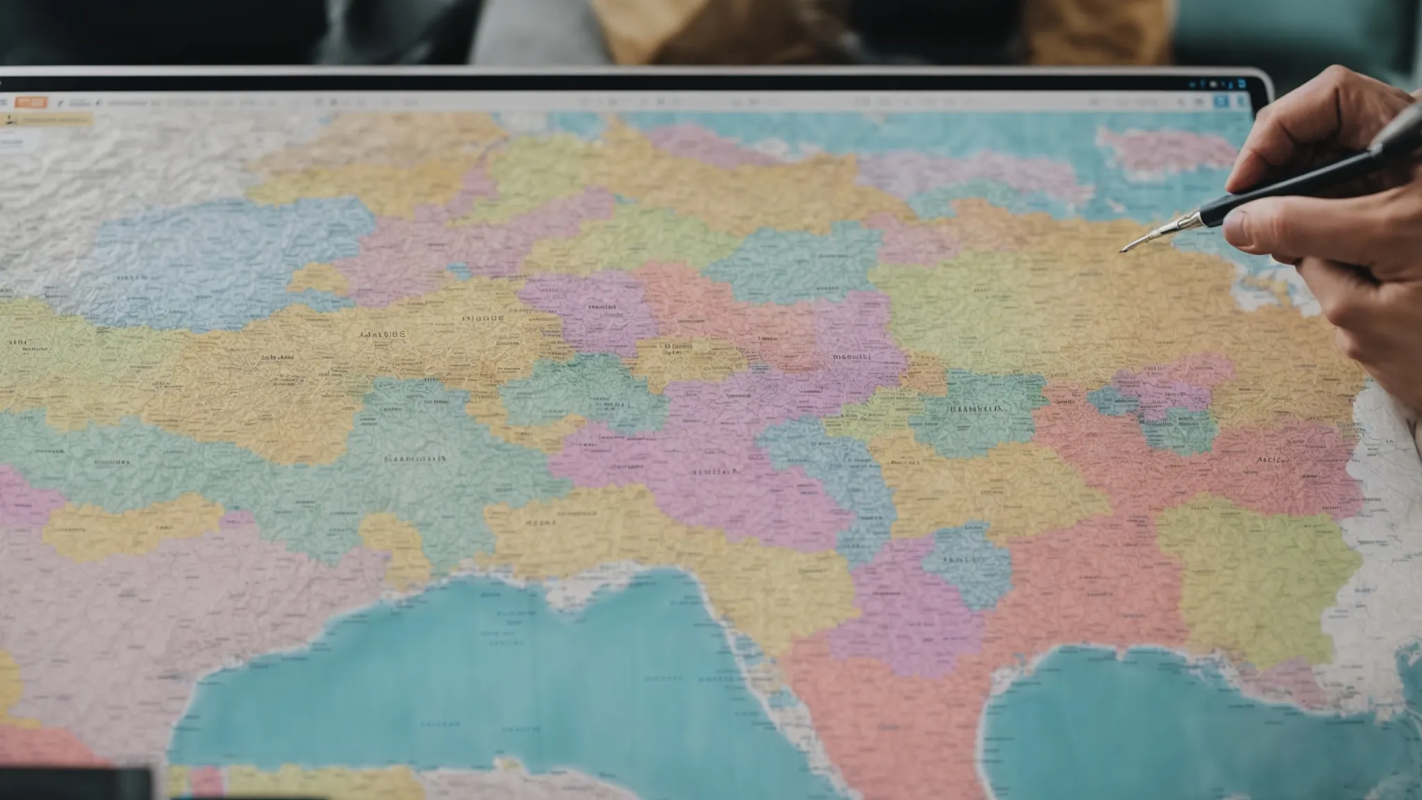 a marketer annotates a colorful map highlighting regional search patterns on a computer screen.