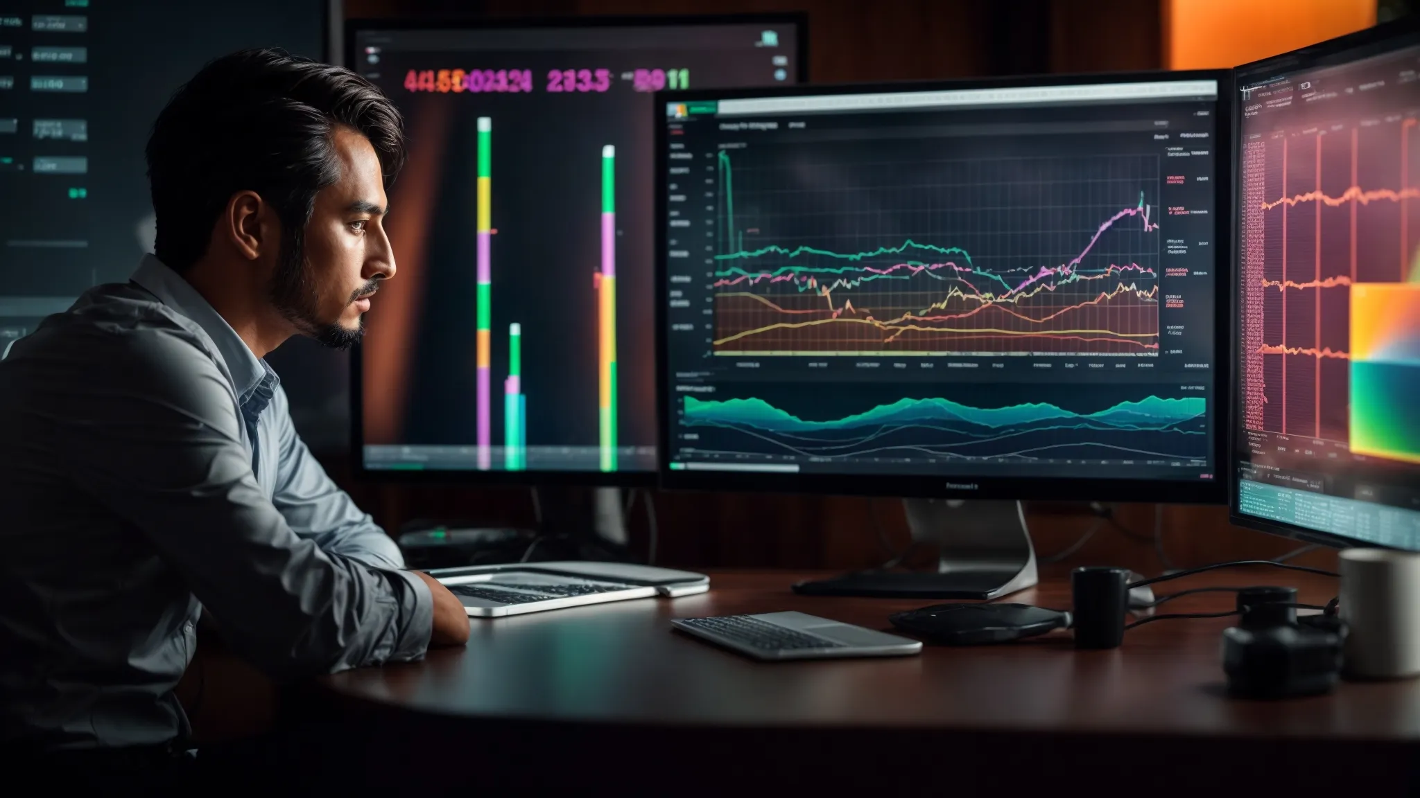 a marketer gazes intently at a computer screen displaying colorful graphs and analytics dashboards summarizing search trends and keyword performance.