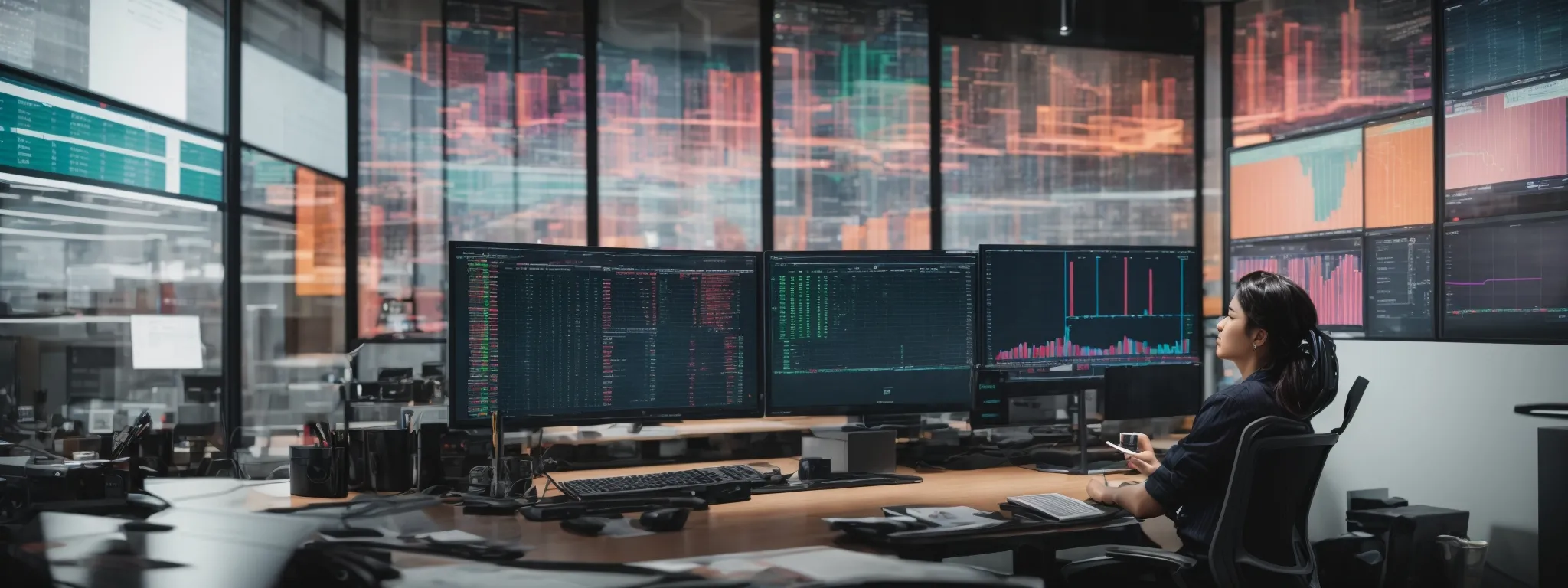 a person sits at a modern desk, surrounded by dual monitors displaying colorful analytics and graphs, engrossed in strategizing for a digital marketing campaign.