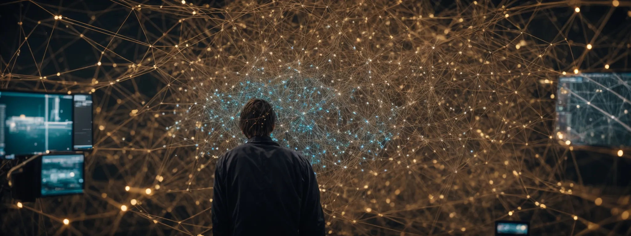 a researcher intently studies a large, intricate network visualization showcasing clusters of interconnected ideas and concepts.