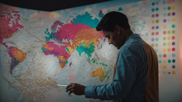 a person analyzing a map filled with various colorful location pins on a digital touch screen table.