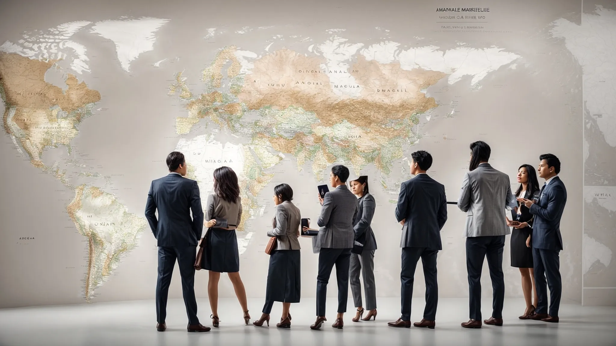 a diverse group of marketing professionals gathers around a digital world map highlighting different languages and search trends.