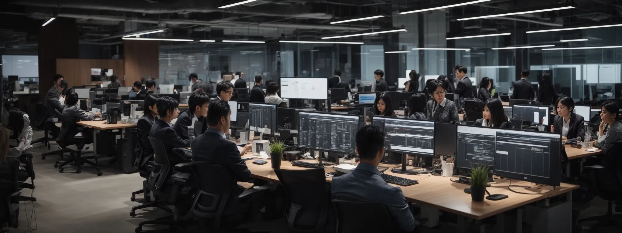 a bustling open-plan office with a diverse team of digital marketers intently analyzing data on multiple computer screens.