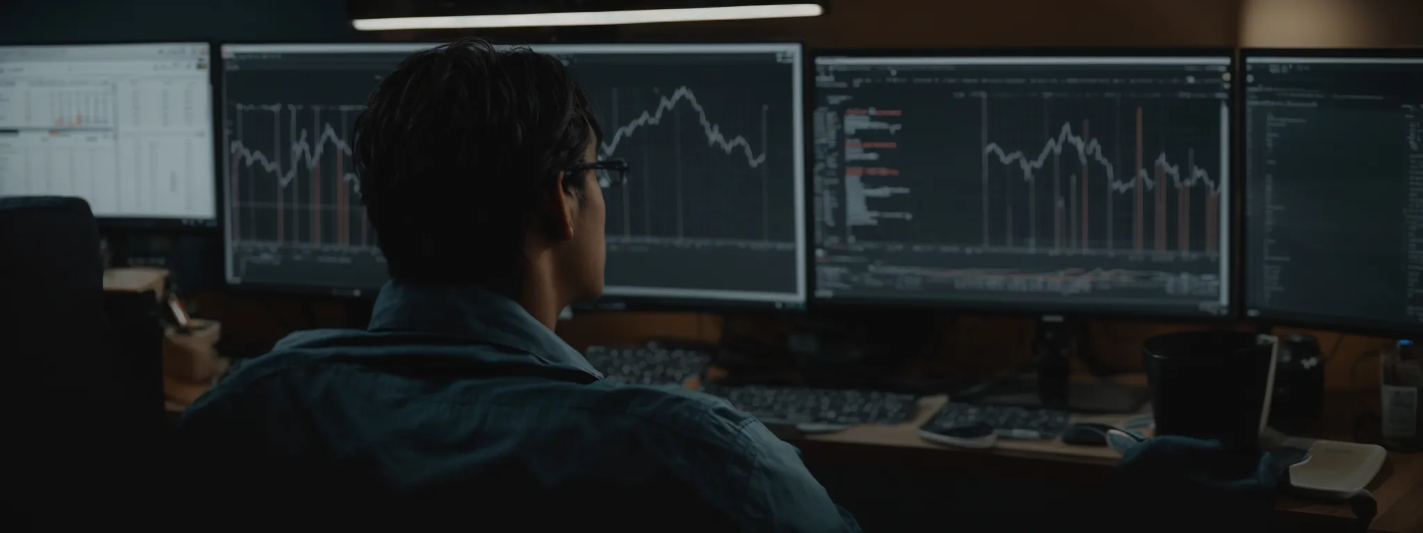 a person sitting at a computer with multiple browser tabs open displaying graphs and analytics.