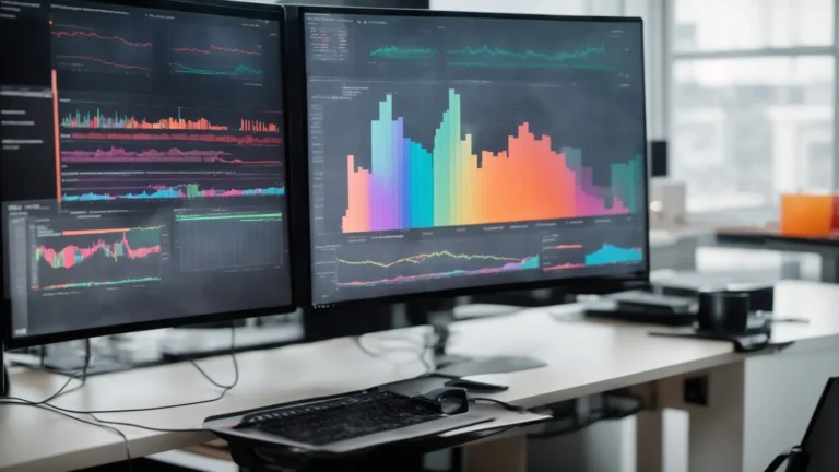 two computer screens showing colorful graphs and data analysis software in a bright office environment.