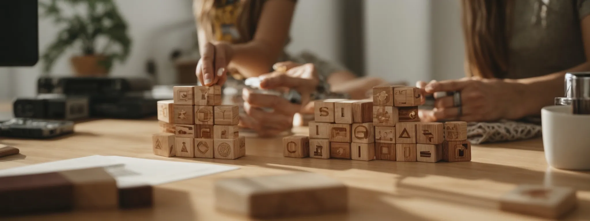a person thoughtfully arranging wooden blocks with seo-related icons into a pyramid structure on a clean, well-lit desk.