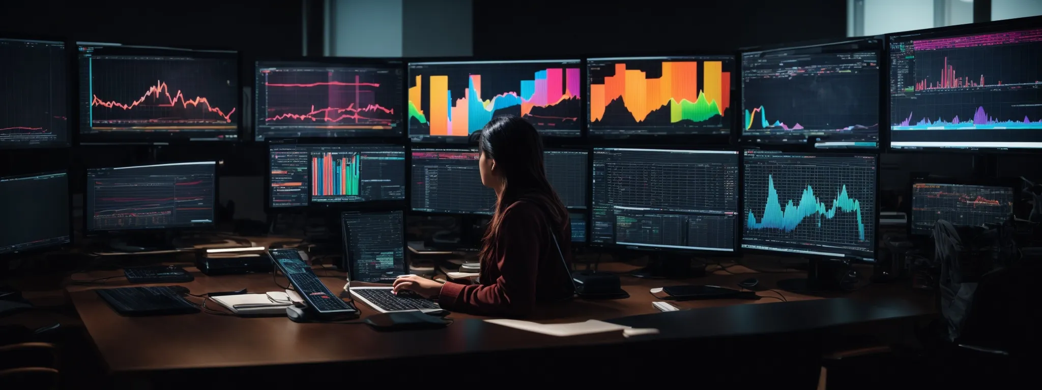 a person sitting at a desk with a computer displaying colorful data analysis graphs, deeply focused on digital marketing strategies.