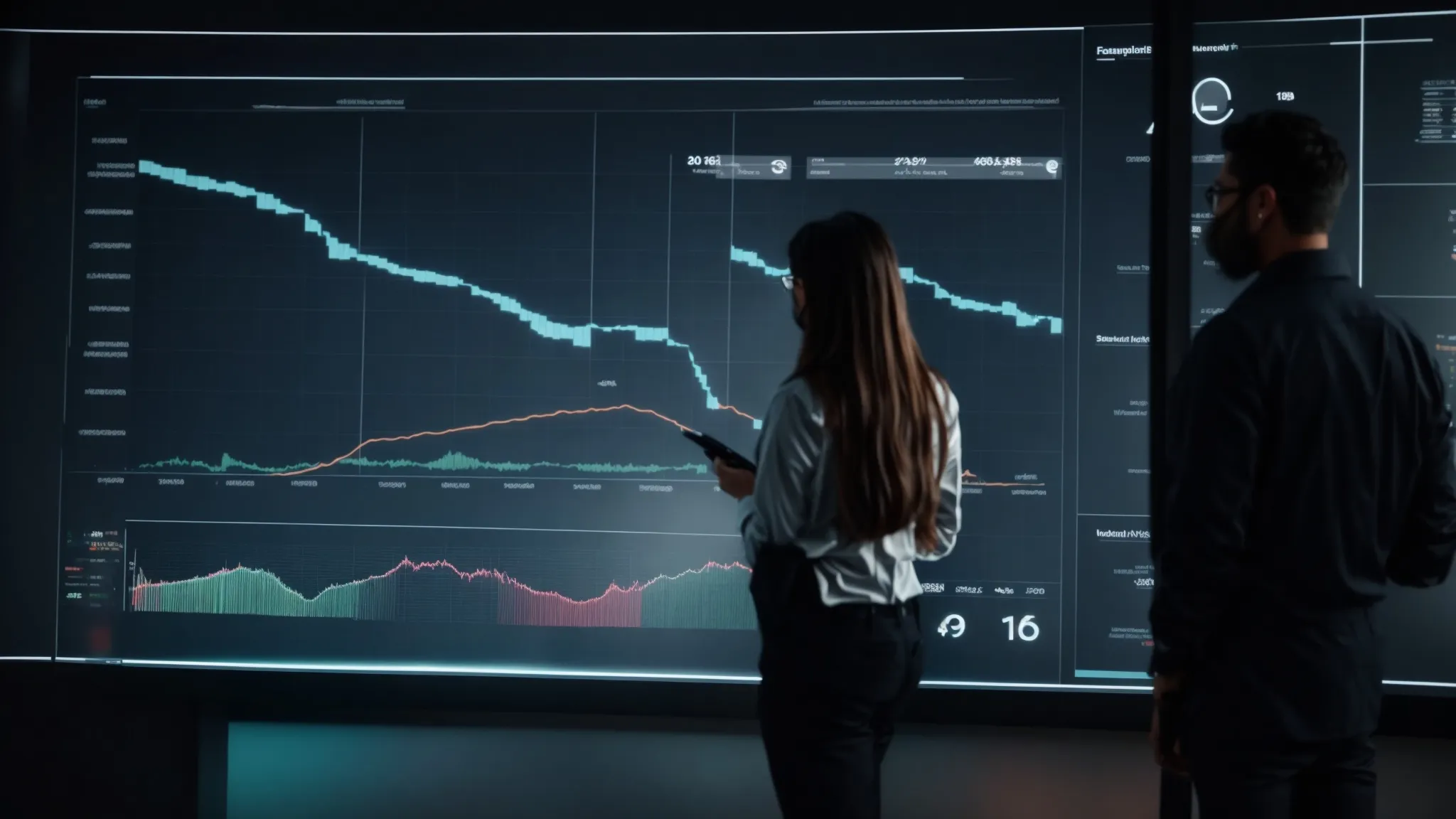 a strategic marketing team analyzes graphs on a digital interactive display to predict future search trends.