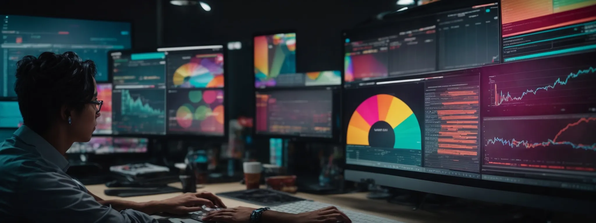 a marketer analyzes a colorful seo dashboard on a computer screen, enhancing a website's content plan.