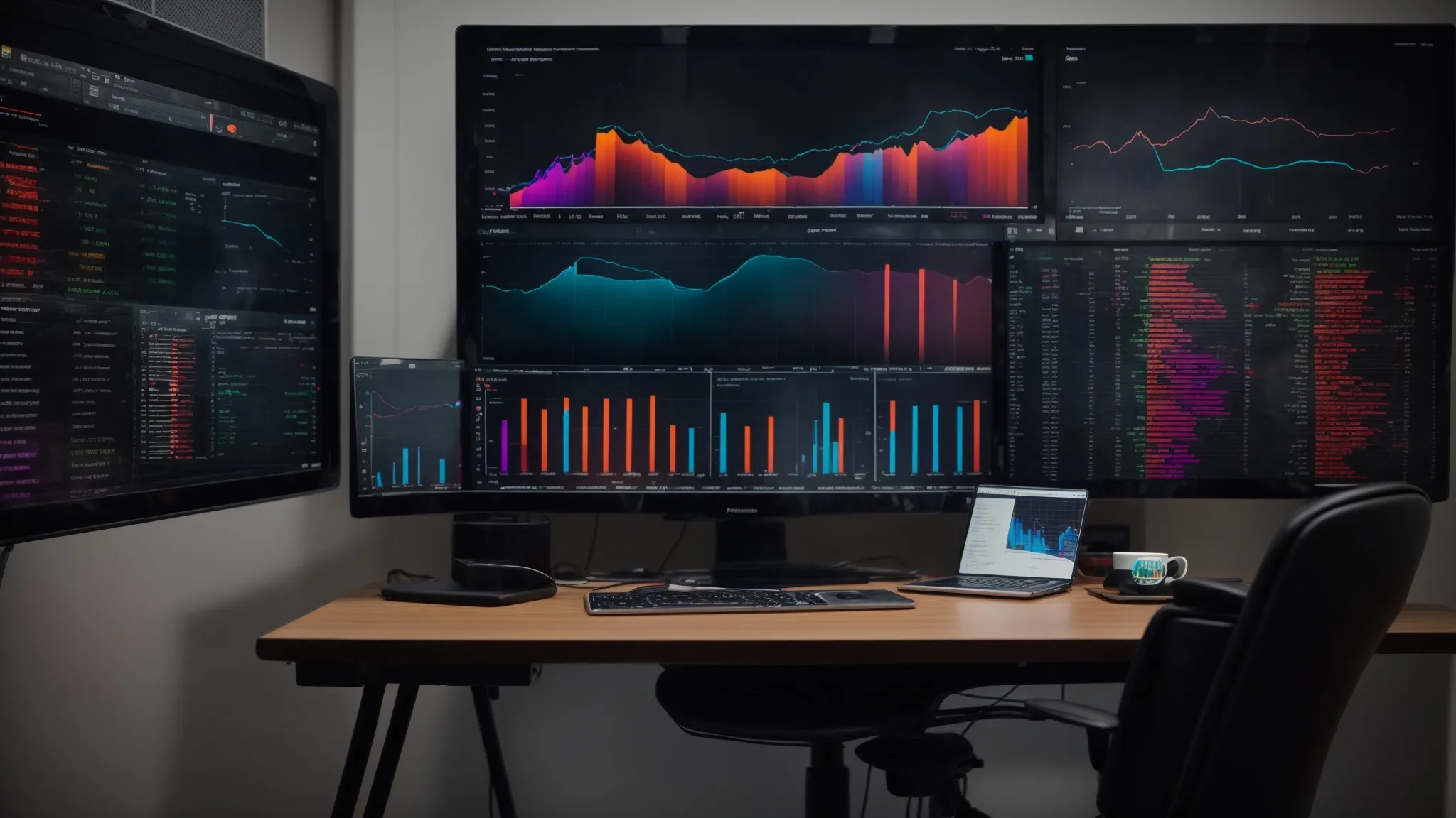 a person sits at a desk with a computer displaying colorful graphs and keyword rankings.