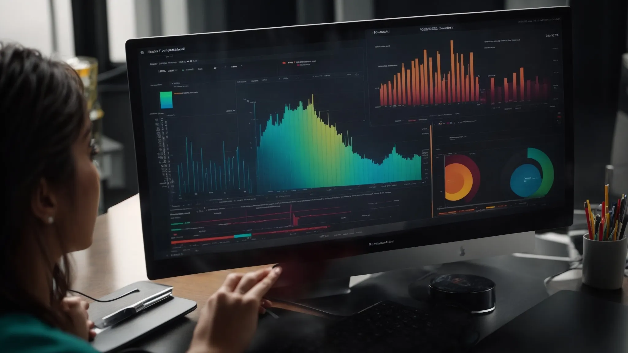 a person analyzing colorful graphs and charts on a computer screen to determine keyword popularity trends.