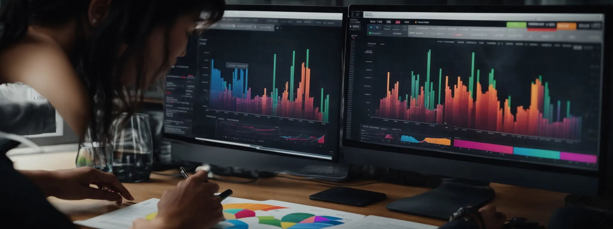 a marketer reviews colorful graphs and charts on a computer dashboard, analyzing digital advertising campaign metrics.
