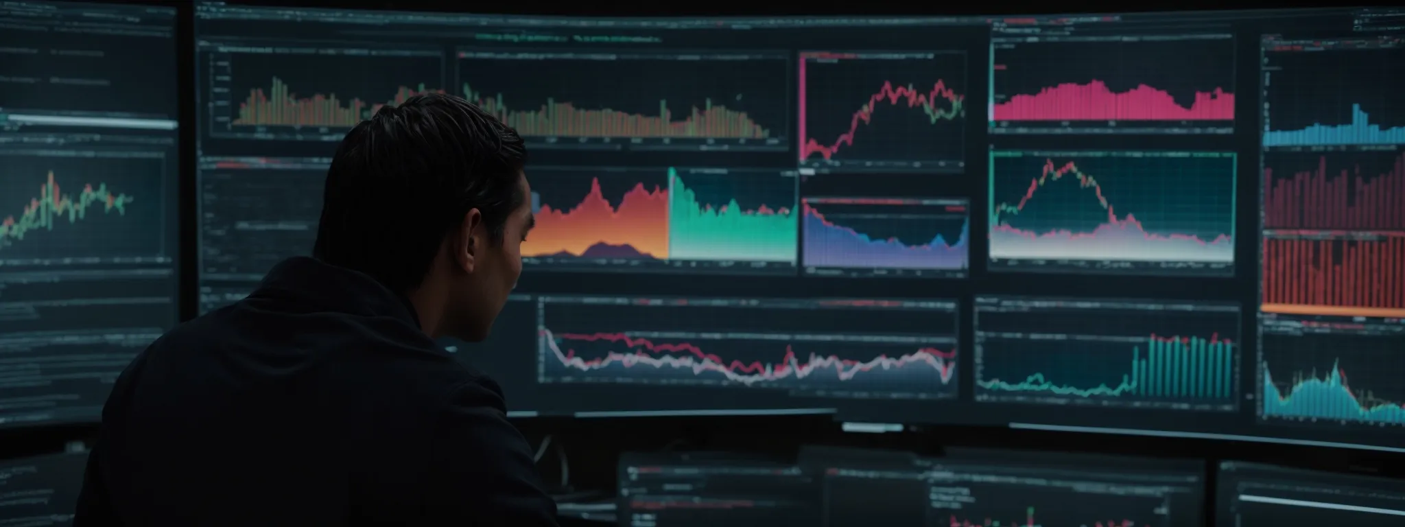 a professional analyst reviews colorful graphs on a computer screen, revealing keyword trends and market insights.