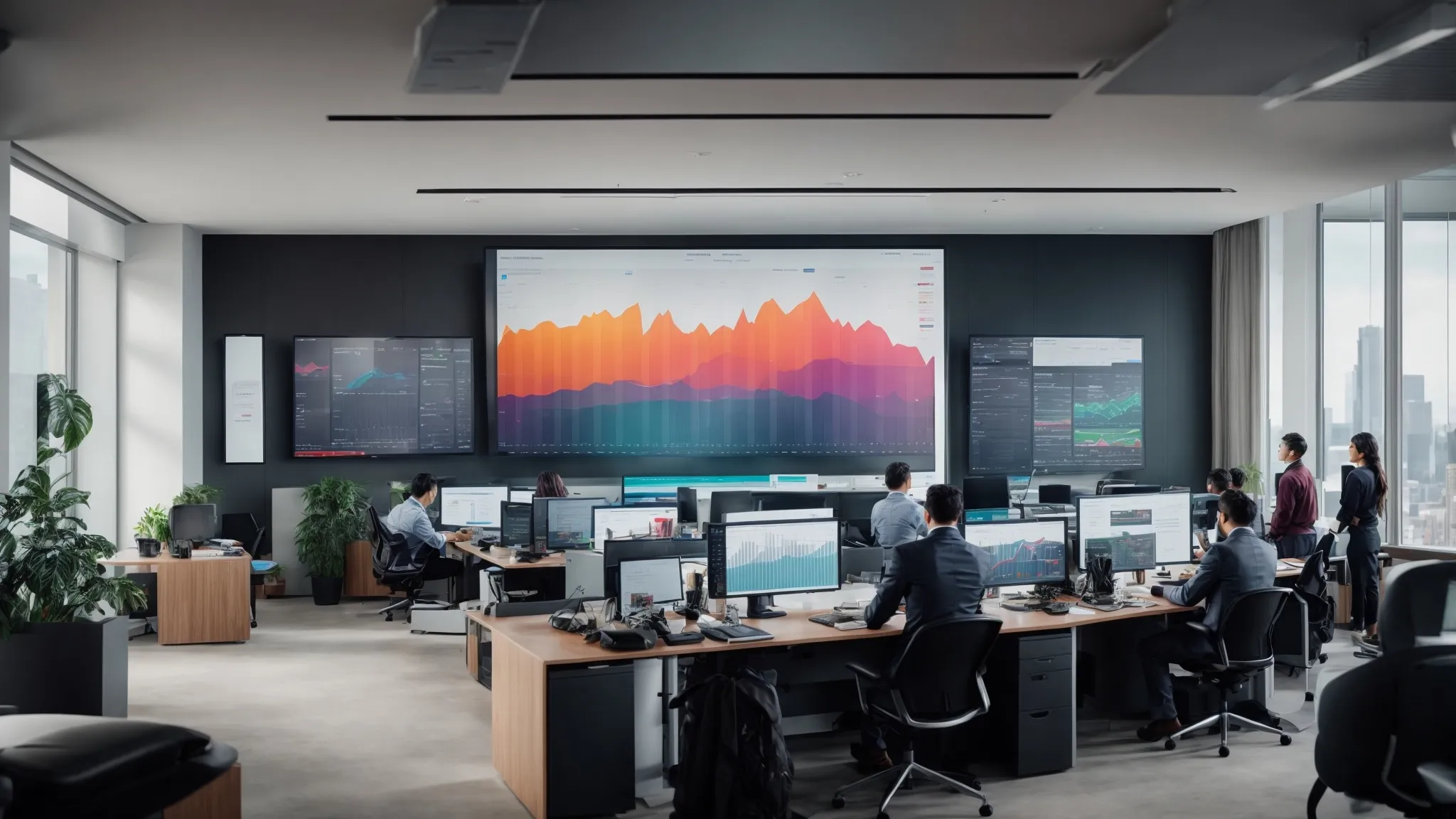 a panoramic view of a modern office with a large screen displaying colorful graphs and data analytics while a team of marketers actively engages in strategizing.