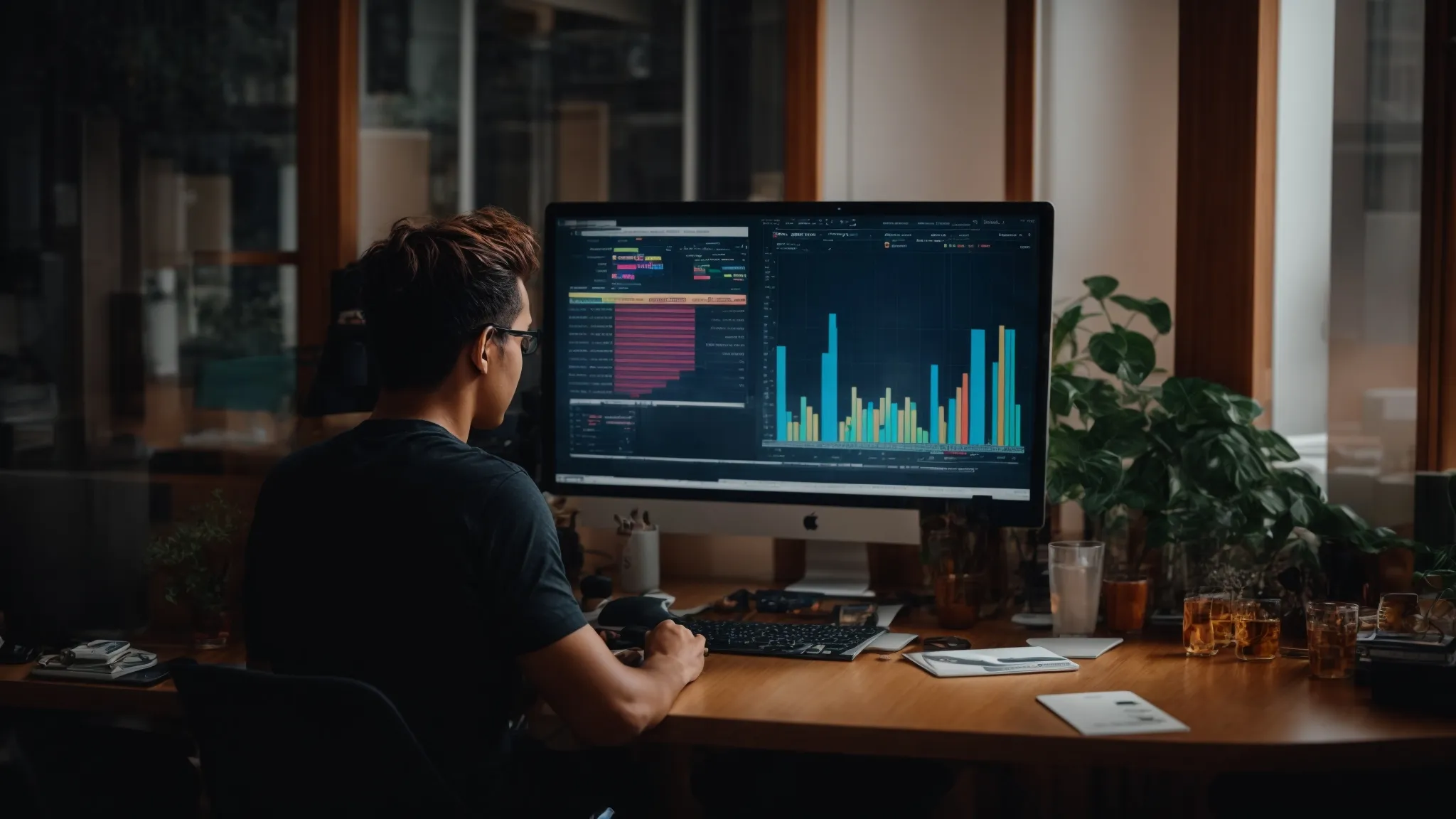 a person sitting in front of a computer screen displaying colorful graphs and charts related to keyword performance metrics.