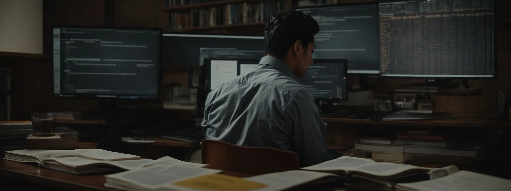 a person sits in front of a computer, surrounded by books and notes, intently analyzing digital marketing data on the screen.