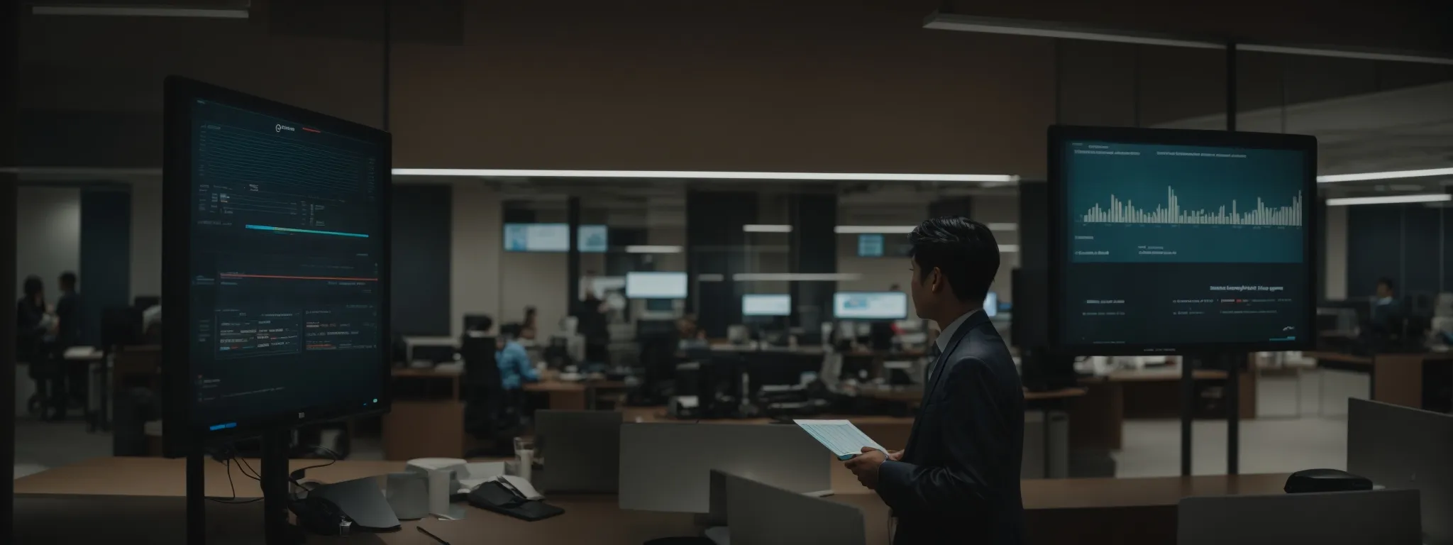 a person in a modern office space interacts with an interactive display showcasing a keyword research software's dashboard.